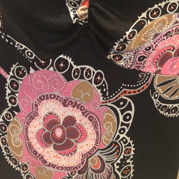 Trina Turk Black Multicolor V-Neck Boho Silk Top w/ Bell Sleeves - Picture 5 of 9